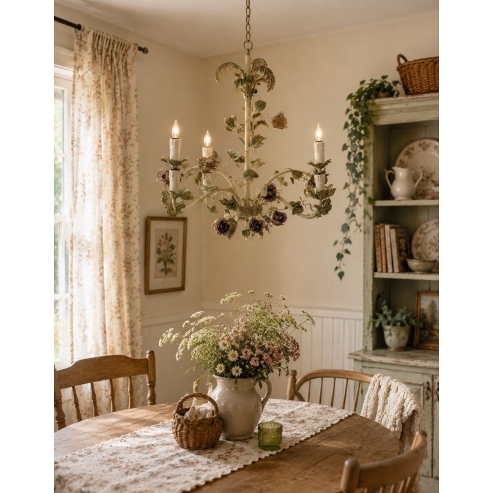 Vintage 5 Light Floral Tole Chandelier Roses Leaves Cottagecore Shabby Chic